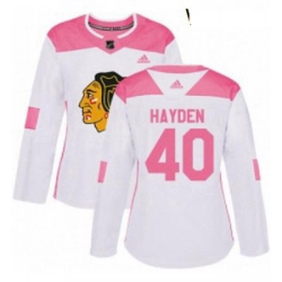 Womens Adidas Chicago Blackhawks 40 John Hayden Authentic WhitePink Fashion NHL Jersey