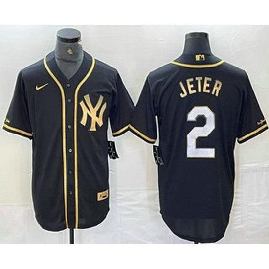 Men NeW York Yankees 2 Derek Jeter Black Gold Cool Base Stitched Baseball Jersey