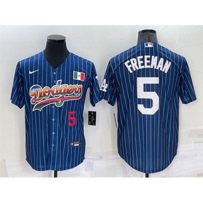 Men Los Angeles Dodgers 5 Freddie Freeman Navy Mexico RainboW Cool Base Stitched Baseball Jersey