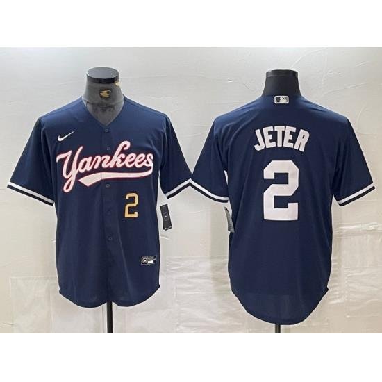 Men NeW York Yankees 2 Derek Jeter Number Navy Cool Base Stitched Baseball Jersey