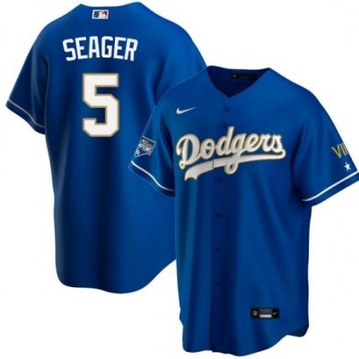 Youth Los Angeles Dodgers Corey Seager 5 Championship Gold Trim Blue Limited All Stitched Cool Base Jersey