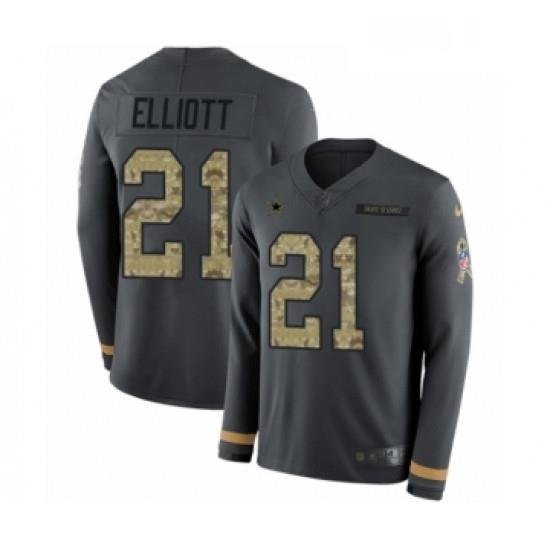 Mens Nike Dallas CoWboys 21 Ezekiel Elliott Limited Black Salute to Service Therma Long Sleeve NFL Jersey