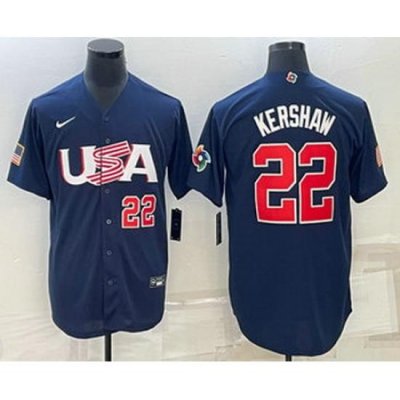 Men's USA Baseball #22 Clayton KershaW Number 2023 Navy World Baseball Classic Stitched Jerseys