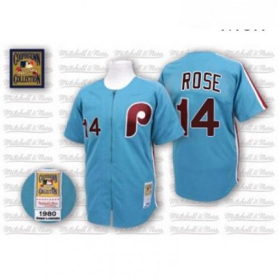 Mens Mitchell and Ness Philadelphia Phillies 14 Pete Rose Replica Blue Throwback MLB Jersey