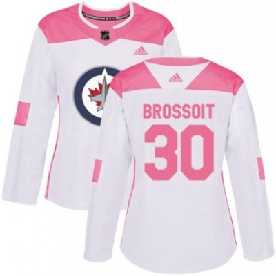 Womens Adidas Winnipeg Jets 30 Laurent Brossoit Authentic White Pink Fashion NHL Jersey