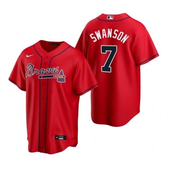 Mens Nike Atlanta Braves 7 Dansby SWanson Red Alternate Stitched Baseball Jerse