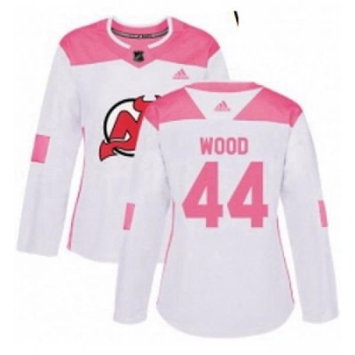 Womens Adidas New Jersey Devils 44 Miles Wood Authentic WhitePink Fashion NHL Jersey