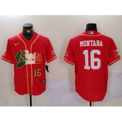 Men San Francisco 49ers 16 Joe Montana Red With Patch Cool Base Stitched Baseball Jersey 2