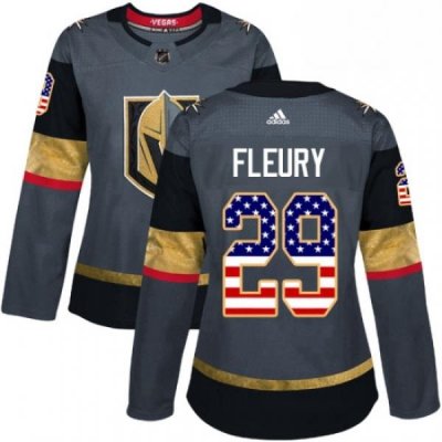 Womens Adidas Vegas Golden Knights 29 Marc Andre Fleury Authentic Gray USA Flag Fashion NHL Jersey