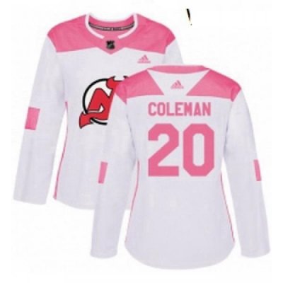 Womens Adidas New Jersey Devils 20 Blake Coleman Authentic White Pink Fashion NHL Jersey