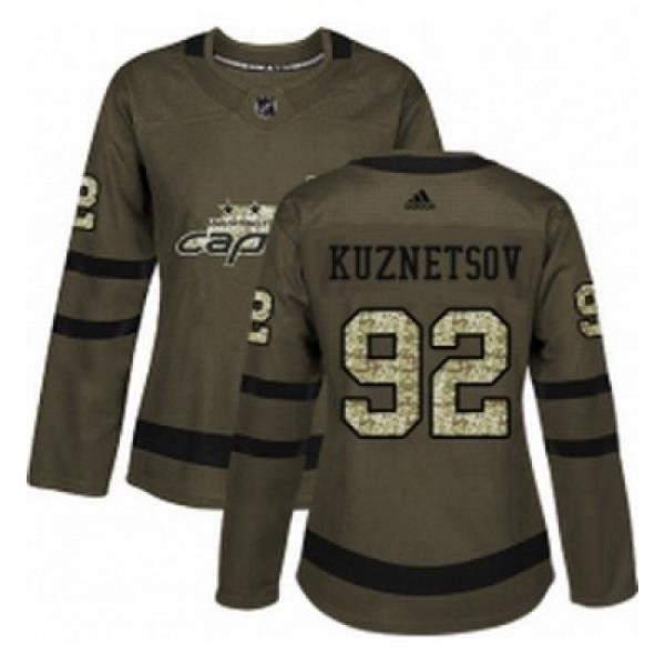 Womens Adidas Washington Capitals 92 Evgeny Kuznetsov Authentic Green Salute to Service NHL Jersey