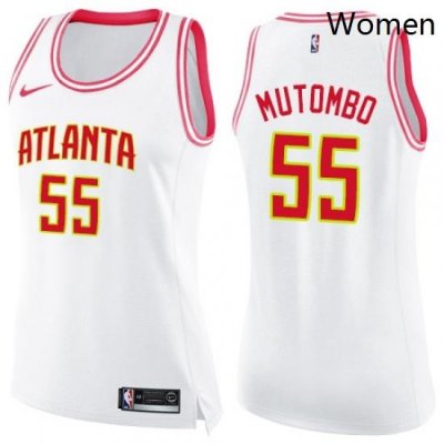 Womens Nike Atlanta Hawks 55 Dikembe Mutombo Swingman WhitePink Fashion NBA Jersey