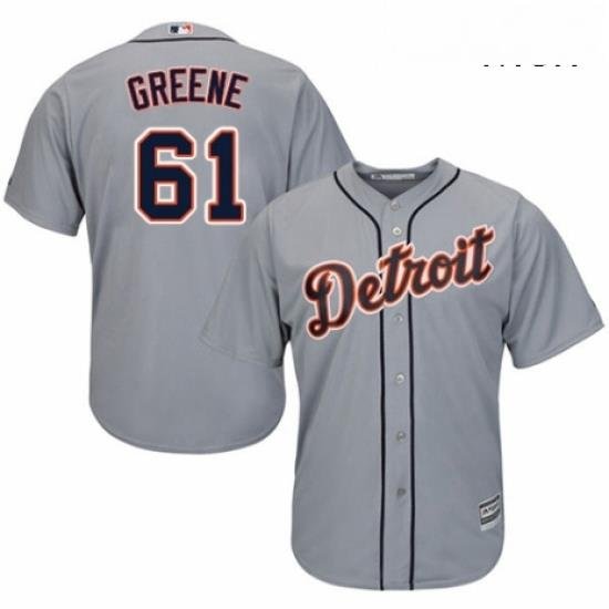 Mens Majestic Detroit Tigers 61 Shane Greene Replica Grey Road Cool Base MLB Jersey