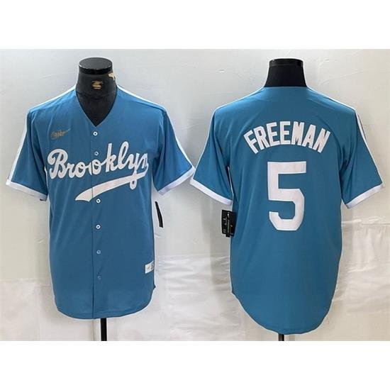 Men Los Angeles Dodgers 5 Freddie Freeman Light Blue ThroWback Cool Base Stitched Baseball Jersey