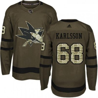 Youth Adidas San Jose Sharks 68 Melker Karlsson Authentic Green Salute to Service NHL Jersey