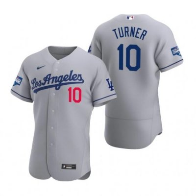 Men Los Angeles Dodgers 10 Justin Turner Gray 2020 World Series Champions Road Flex Base Jersey