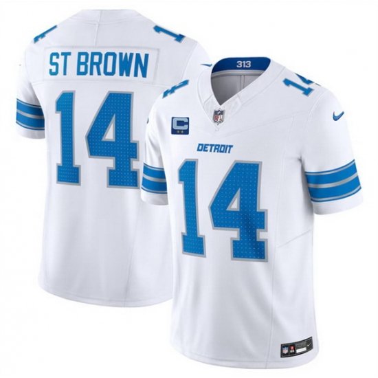 Men Detroit Lions 14 Amon Ra St  Brown White 2024 F U S E  With 2 Star C Patch Vapor Limited Stitched Jersey