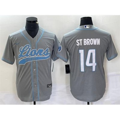 Men Detroit Lions 14 Amon Ra St  Brown Gray Cool Base Stitched Baseball Jersey