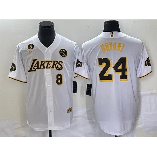 Men Los Angeles Lakers Front 8 Back 24 Kobe Bryant With NO 6 And KB Patch White Cool Base Stitched Baseball Jersey