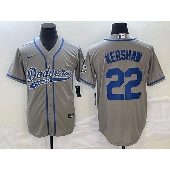 Men's Los Angeles Dodgers #22 Clayton KershaW Grey Cool Base Stitched Baseball Jersey