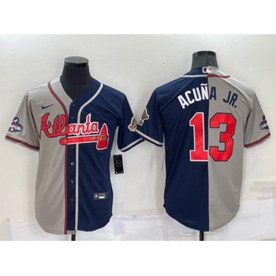 Men Atlanta Braves 13 Ronald Acuna Jr  Gray Navy TWo Tone Split Cool Base Stitched Baseball Jersey