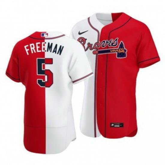 Men Atlanta Braves 5 Freddie Freeman Split White Red TWo Tone Jersey