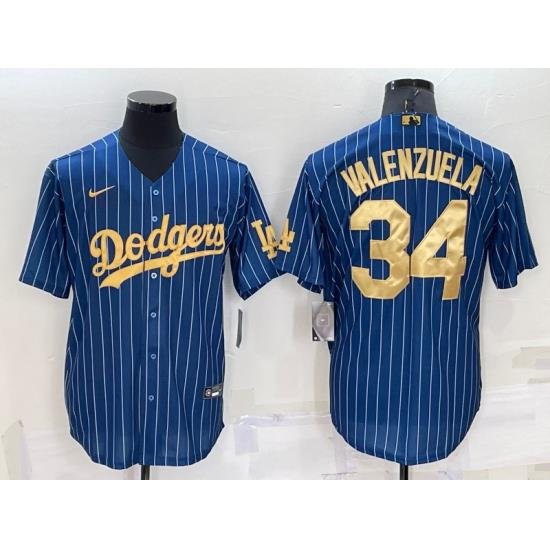 Men Los Angeles Dodgers 34 Fernando Valenzuela Navy Gold Cool Base Stitched Baseball Jersey