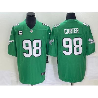 Men Philadelphia Eagles 98 Jalen Carter Green Vapor Limited With C Patch Stitched Football Jersey