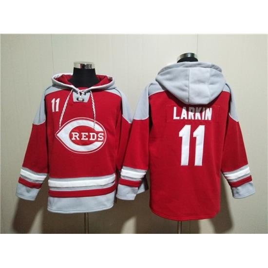 Men Cincinnati Reds 11 Barry Larkin Red Ageless Must Have Lace Up Pullover Hoodie