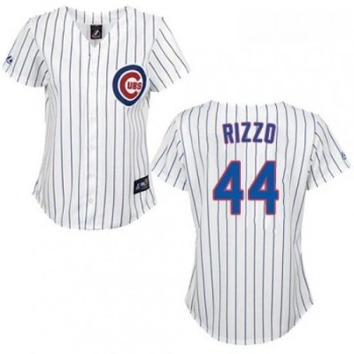 Womens Majestic Chicago Cubs 44 Anthony Rizzo Replica WhiteBlue Strip Fashion MLB Jersey