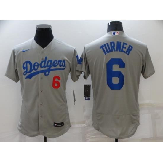 Men Los Angeles Dodgers 6 Trea Turner Grey Flex Base Stitched Jersey