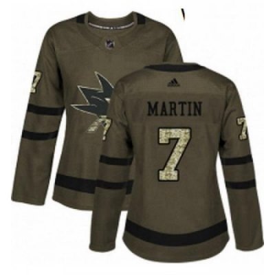 Womens Adidas San Jose Sharks 7 Paul Martin Authentic Green Salute to Service NHL Jersey