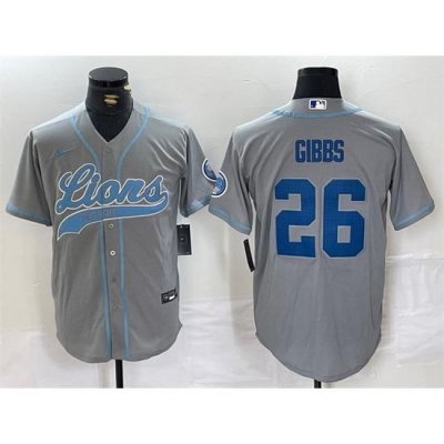 Men Detroit Lions 26 Jahmyr Gibbs Grey Cool Base Stitched Baseball Jersey