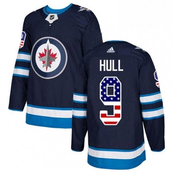 Mens Adidas Winnipeg Jets 9 Bobby Hull Authentic Navy Blue USA Flag Fashion NHL Jersey