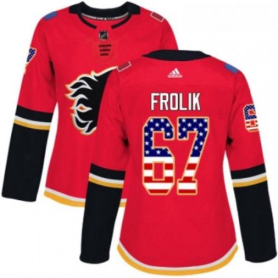 Womens Adidas Calgary Flames 67 Michael Frolik Authentic Red USA Flag Fashion NHL Jersey