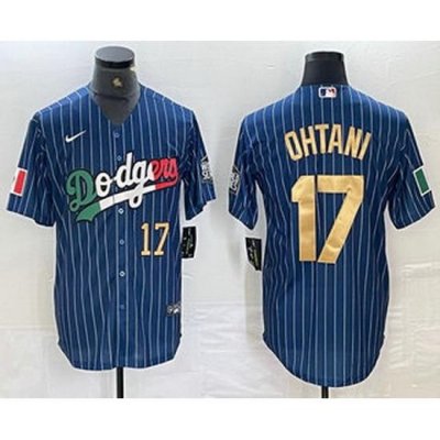 Men Los Angeles Dodgers 17 Shohei Ohtani Number Mexico Blue Gold Pinstripe Cool Base Stitched Jersey