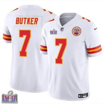 Men Kansas City Chiefs 7 Harrison Butker White F U S E  Super Bowl LVIII Patch Vapor Untouchable Limited Stitched Football Jersey