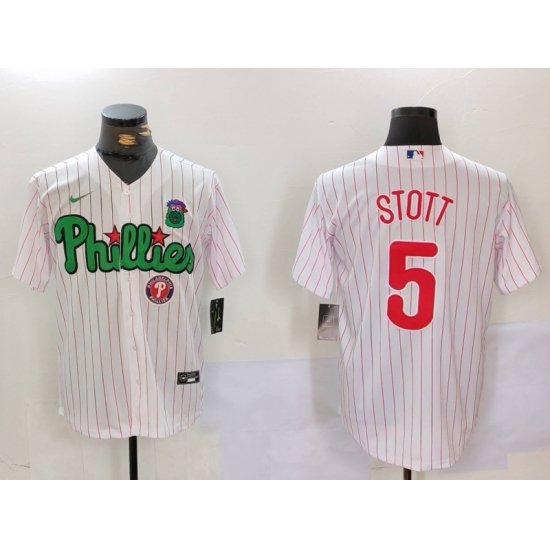 Men Philadelphia Phillies 5 Bryson Stott White Green Cool Base Stitched Jersey 1