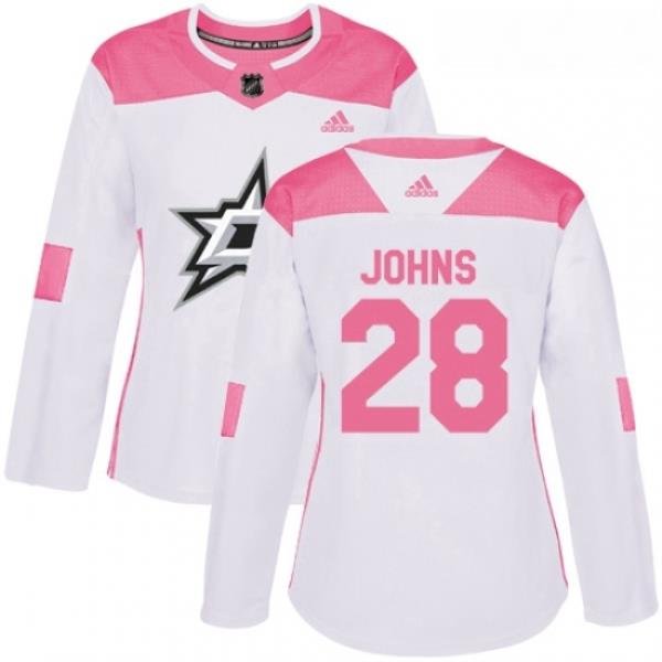 Womens Adidas Dallas Stars 28 Stephen Johns Authentic WhitePink Fashion NHL Jersey