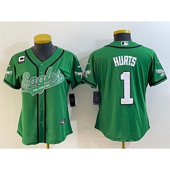 Women Philadelphia Eagles 1 Jalen Hurts Green With 3 Star C Patch Cool Base Stitched Baseball Jersey 28Run Small 29