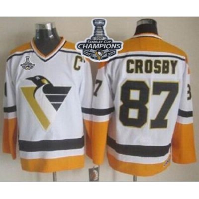 Penguins #87 Sidney Crosby White Yellow CCM Throwback 2017 Stanley Cup Finals Champions Stitched NHL Jersey