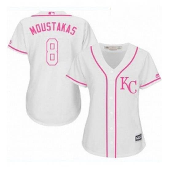 Womens Majestic Kansas City Royals 8 Mike Moustakas Authentic White Fashion Cool Base MLB Jersey