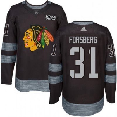 Mens Adidas Chicago Blackhawks 31 Anton Forsberg Authentic Black 1917 2017 100th Anniversary NHL Jersey