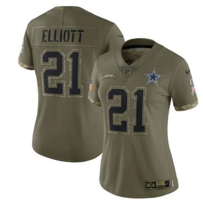 Women Dallas Cowboys 21 Ezekiel Elliott 2022 Olive Salute To Service Limited Stitched Jersey