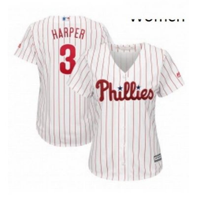 Womens Philadelphia Phillies 3 Bryce Harper Majestic WhiteRed Strip Home Cool Base Replica Player Jersey