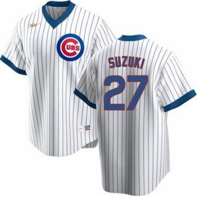 Mens Nike Chicago Cubs #27 Seiya Suzuki White CooperstoWn Collection Road Stitched Baseball Jersey