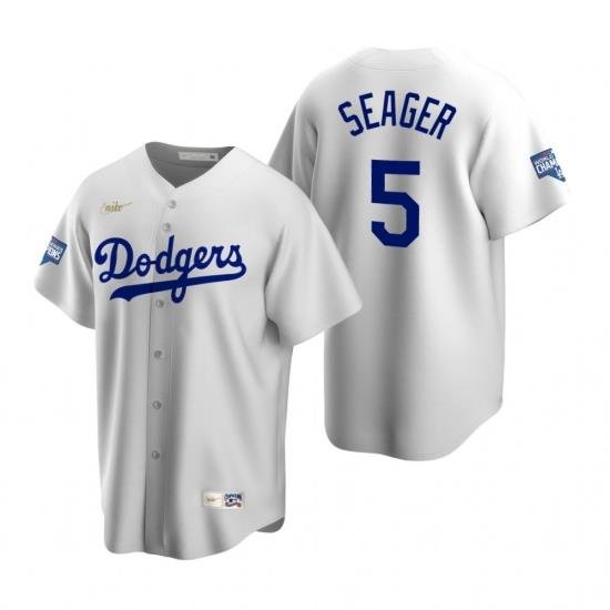 Men Brooklyn Los Angeles Dodgers 5 Corey Seager White 2020 World Series Champions CooperstoWn Collection Jersey