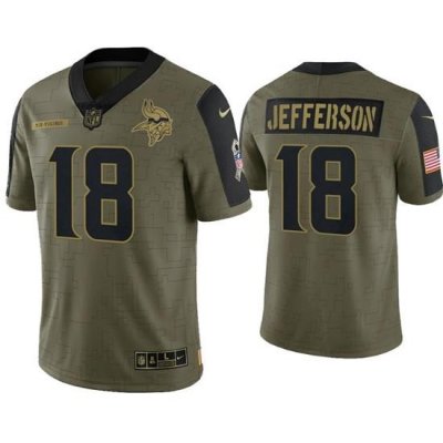 Men Minnesota Vikings 18 Justin Jefferson 2021 Olive Salute To Service Limited Stitched Jersey