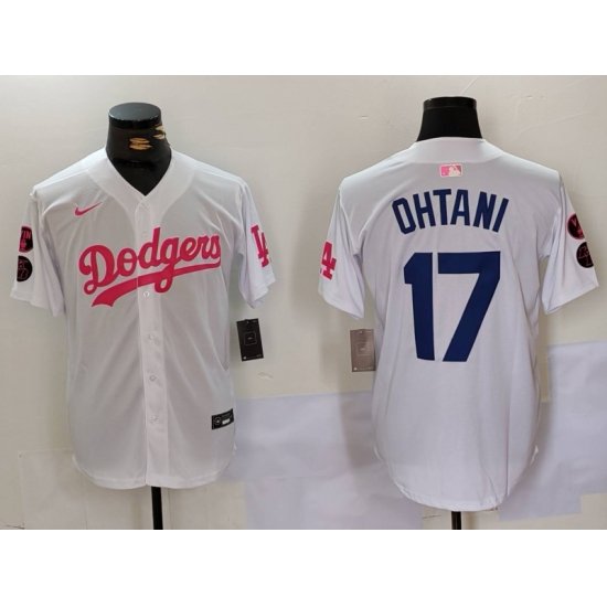 Men Los Angeles Dodgers 17 Shohei Ohtani White Pink Vin  26 Kobe Patch Stitched Baseball Jersey 8