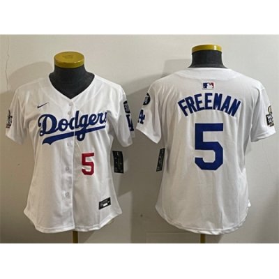 Women Los Angeles Dodgers 5 Freddie Freeman White 2024 World Series With Fernando Memorial Patch Home Limited Stitched Baseball Jersey 28Run Small 29